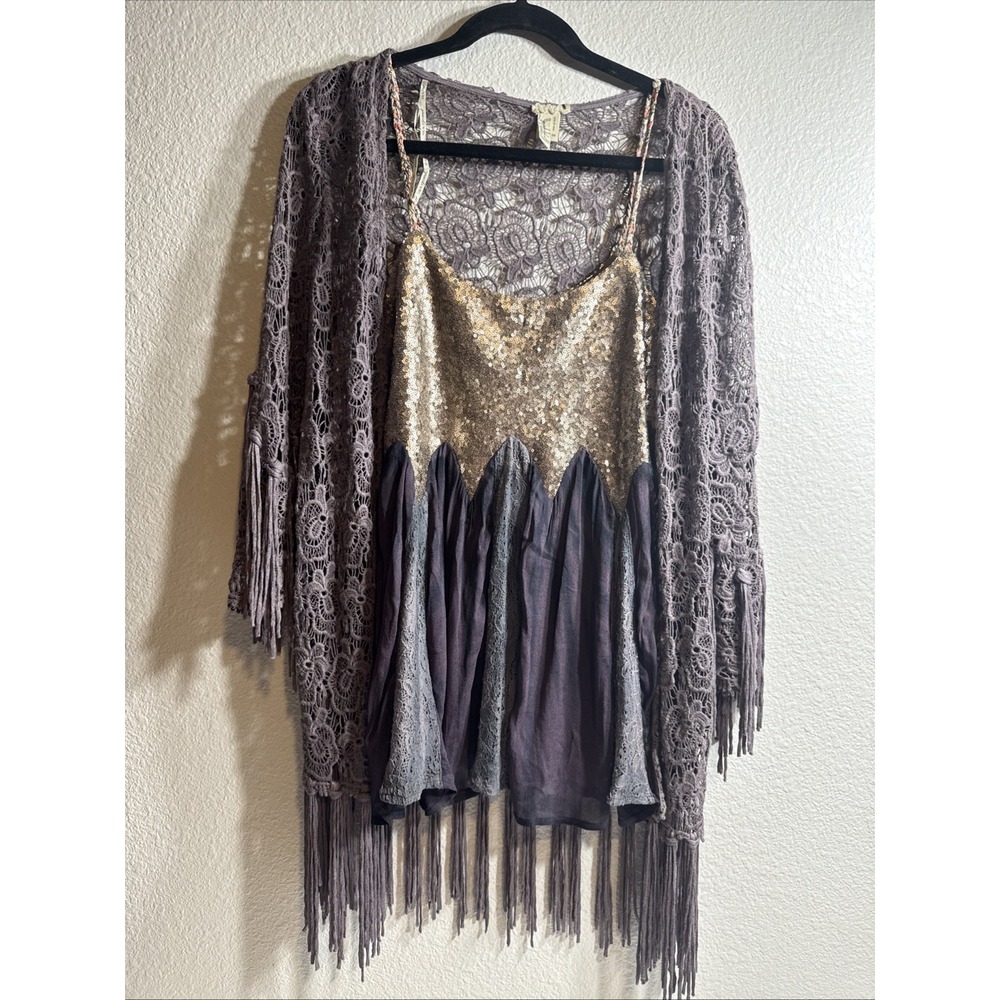 Gimmicks BKE Silk Sequin Tank Lace Fringe Kimono Small Festival Whimsigoth BOHO - Picture 8 of 16